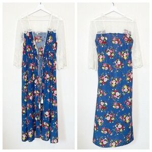 Tassels n Lace Blue Floral Lace Tie Waist Duster Kimono S